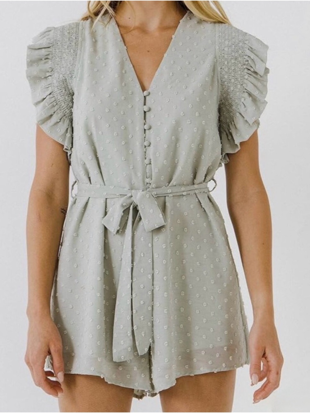 Anthropologie Free the Roses Sage Green Textured Romper w/Tie Waist sz Small No